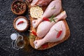 Raw chicken legs with spices and garlic. Royalty Free Stock Photo