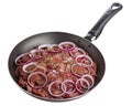 Raw chicken liver with red onion in frying pan isolated on white Royalty Free Stock Photo