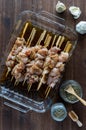 Raw chicken marinading on bamboo skewers with ingredients surrounding.