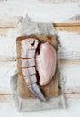 Raw chicken meat with sliced fish hake on the chalkboard, Royalty Free Stock Photo