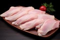 Raw chicken meat laying in wooden tray, on black background