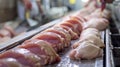 Raw chicken pieces arranged on a conveyor belt in a processing facility. The scene shows a clean and organized workspace Royalty Free Stock Photo
