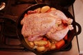 Raw chicken, seasoned and placed on top of vegetables and ready to be roasted in cast iron skillet. Royalty Free Stock Photo