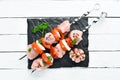 Raw chicken shish kebab with vegetables and spices. Top view. Royalty Free Stock Photo