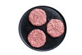 Raw chicken turkey patty, minced meat cutlets on a plate with thyme. High quality Isolate, white background.