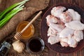 Raw chicken wings with cooking ingredients