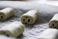 Raw chocolate croissants prepared for baking Royalty Free Stock Photo