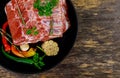 Raw pork meat on ribs and herb Royalty Free Stock Photo