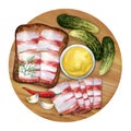 Raw chopped pork lard and rye bread on a wooden background