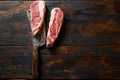 Raw Chuck eye roll steak on meat cleaver. Organic farm cowboy  beef. Dark background. Top view. Copy space Royalty Free Stock Photo