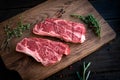 Raw chuck roll steaks premium beef with seasonings on wooden board