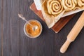 Raw cinnamon buns on a baking sheet Royalty Free Stock Photo