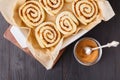 Raw cinnamon buns on a baking sheet Royalty Free Stock Photo