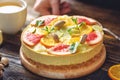 Raw citrus cake with grapefruit, orange, lime and lemon with nuts and mint. Healthy fresh summer dessert. Vegan food Royalty Free Stock Photo