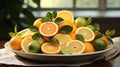 Raw citruses on plate on white background, Food and drink ingredients preparing. healthy eating theme Royalty Free Stock Photo