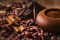 Raw cocoa beans, Delicious black chocolate, cinnamon sticks, sta