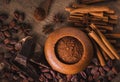 Raw cocoa beans, Delicious black chocolate, cinnamon sticks, sta Royalty Free Stock Photo