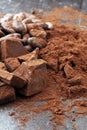 Raw cocoa beans, cocoa powder and chocolate pieces Royalty Free Stock Photo