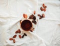 Raw cocoa cacao beans, black chocolate on brown sacking, top v Royalty Free Stock Photo