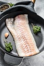Raw cod fillet with thyme and herbs in a pan. Cooking fresh fish. Gray background. Top view Royalty Free Stock Photo