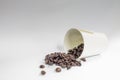 Raw coffee bean and white paper cup