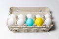 Raw and colored eggs in paper egg tray isolated on white background. Top view, close-up. Royalty Free Stock Photo