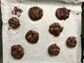 Raw Cookies on Oven Tray Ready to Cook / Chocolate Brownie with Walnut Cookie Royalty Free Stock Photo