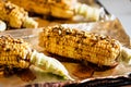 Raw corn with herbs and smoked paprika prepared for baking Royalty Free Stock Photo