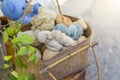 Raw cotton thread in bamboo basket, Thai cotton thread Royalty Free Stock Photo