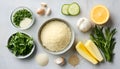 Raw couscous and ingredients on light table, flat lay Royalty Free Stock Photo