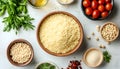 Raw couscous and ingredients on light table, flat lay Royalty Free Stock Photo