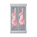 Raw Cow Carcass Hanging on Hook in Fridge Container Vector Illustration