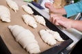 Raw croissants ready to bake. Pastry chef making croissants Royalty Free Stock Photo