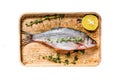 Raw crucian carp on a wooden tray. River organic fish. Isolated on white background. Top view. Royalty Free Stock Photo