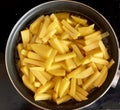 Raw cut potatoes in a frying pan with oil Royalty Free Stock Photo