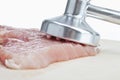 Raw cutlet and meat tenderizer, close-up
