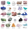 Raw decorative gemstones and minerals with names Royalty Free Stock Photo