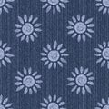 Raw Denim Blue Chambray Texture Background with Printed White Daisy. Indigo Stonewash Seamless Pattern. Close Up Textile Weave for Royalty Free Stock Photo