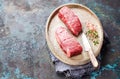 Raw Denver steak. Organic beef meat on a plate