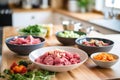 raw diced beef and vegetables prepped in separate bowls Royalty Free Stock Photo