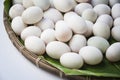 Raw dirty duck eggs in bamboo basket Royalty Free Stock Photo