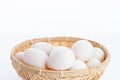 Raw dirty duck eggs in the bamboo bowl basket Royalty Free Stock Photo