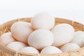 Raw dirty duck eggs in the bamboo bowl basket Royalty Free Stock Photo