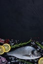 Raw dorada fish on dark background with rosemary, lemon and pepper. Royalty Free Stock Photo