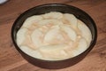 Raw dough with apple slices on wooden table, closeup. Baking pie