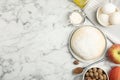 Raw dough, nutmeg seeds and other ingredients on white marble table, flat lay. Space for text Royalty Free Stock Photo