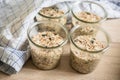 Raw dough of wholegrain bread with chia, oats, flaxseeds, sunflower and pumpkin seeds in mason glass jar for canning and prepper