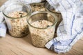 Raw dough of wholegrain bread with chia, oats, flaxseeds, sunflower and pumpkin seeds in mason glass jar for canning and prepper