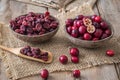 Raw and dried cranberries in coconut shells and on a wooden spoon on wooden table