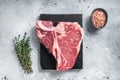 Raw dry aged wagyu porterhouse beef steak, uncooked T-bone on marble board with thyme. Gray background. Top view Royalty Free Stock Photo